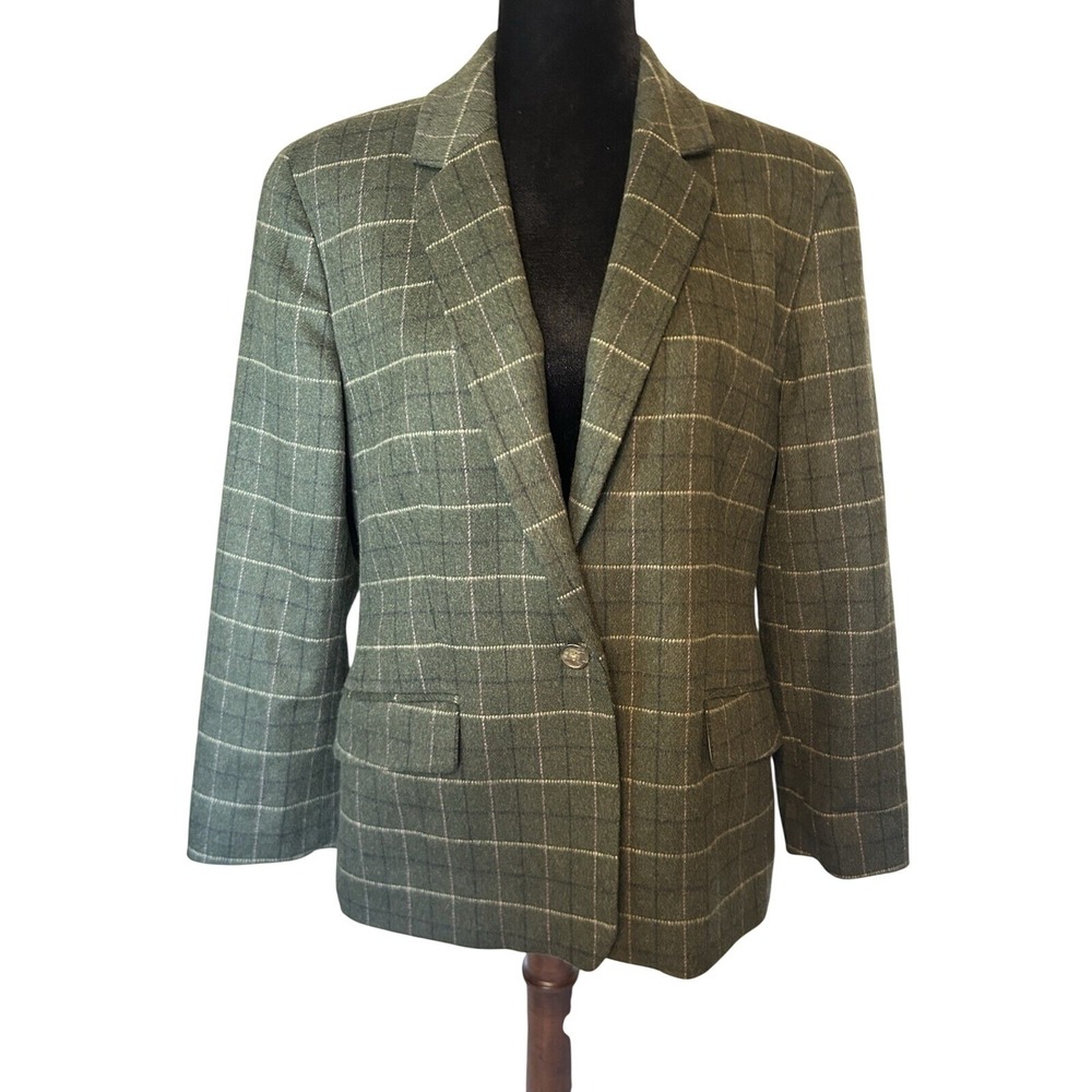 Lands' End Green Plaid Wool and Cashmere Blazer Jacket Size 14